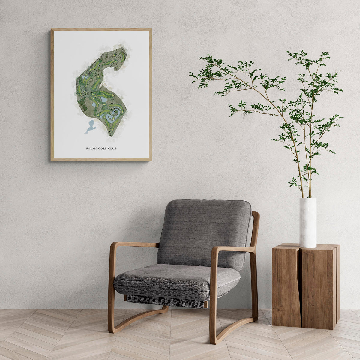 Classic Map of Palms Golf Club with a comfy armchair and large plant