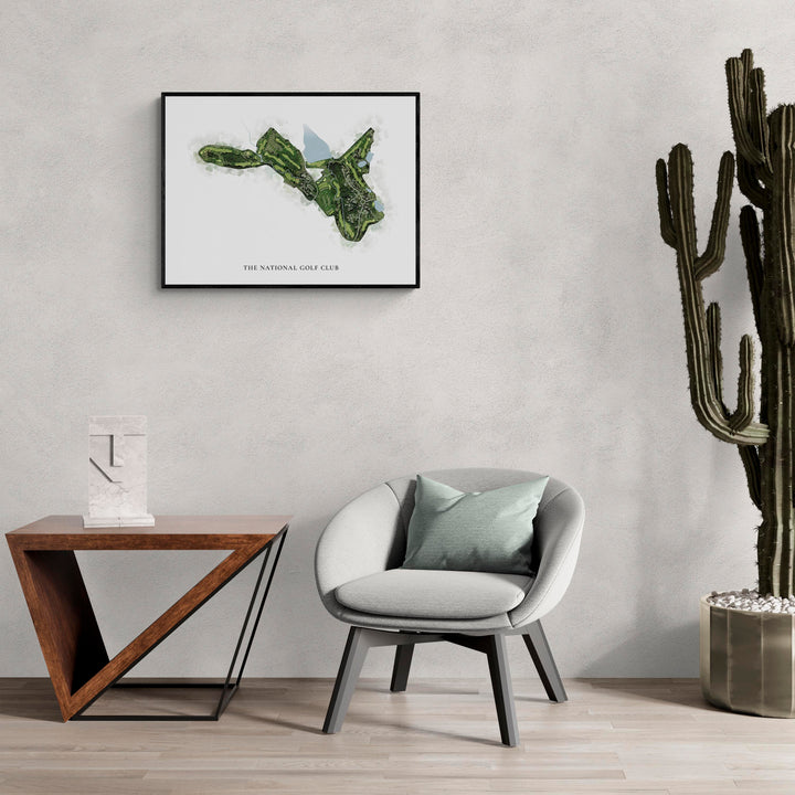 Classic Map of The National Golf Club in a living room with large cactus plant
