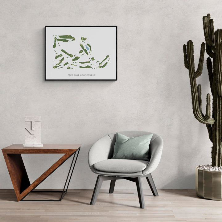 Modern Map of Fred Enke Golf Course in a living room with large cactus plant