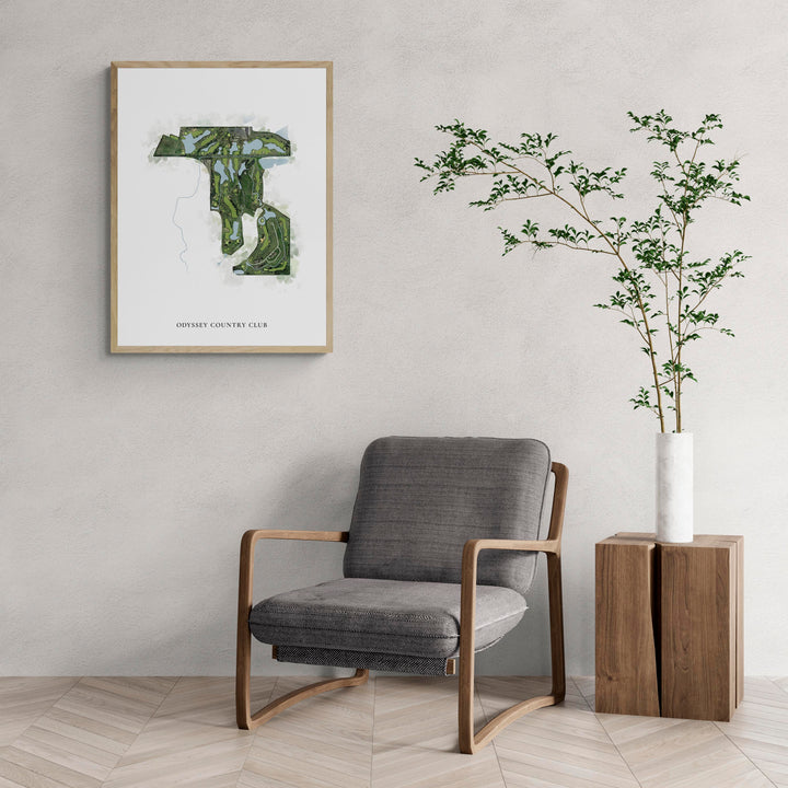 Classic Map of Odyssey Country Club with a comfy armchair and large plant