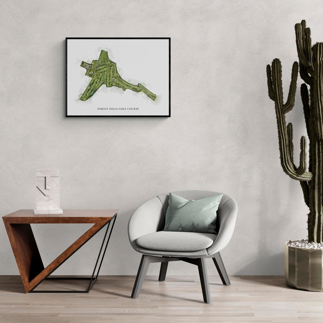 Classic Map of Forest Hills Golf Course in a living room with large cactus plant
