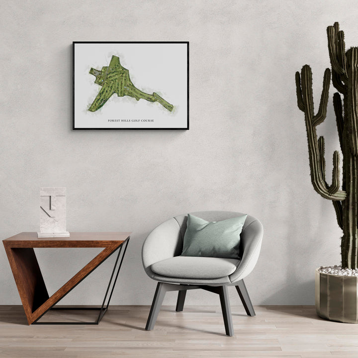 Classic Map of Forest Hills Golf Course in a living room with large cactus plant
