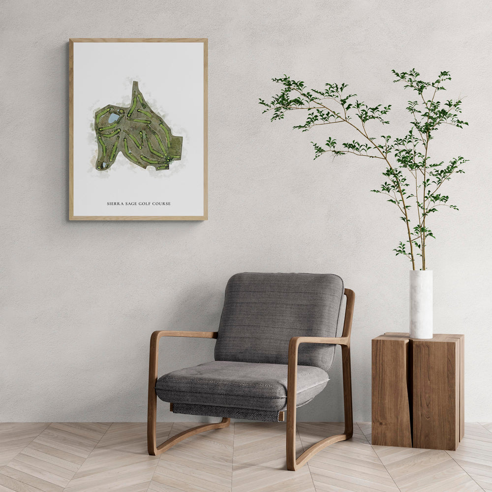 Classic Map of Sierra Sage Golf Course with a comfy armchair and large plant