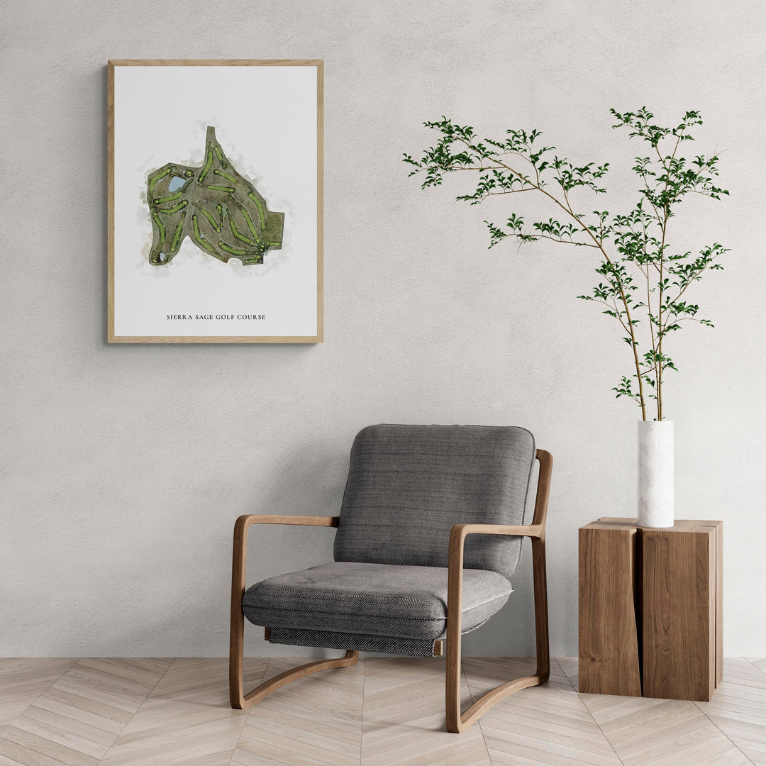 Classic Map of Sierra Sage Golf Course with a comfy armchair and large plant