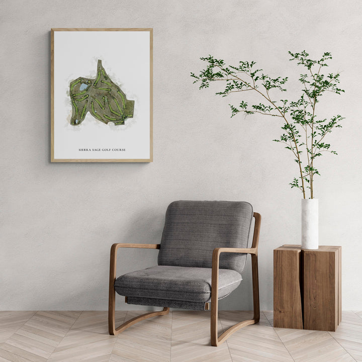 Classic Map of Sierra Sage Golf Course with a comfy armchair and large plant