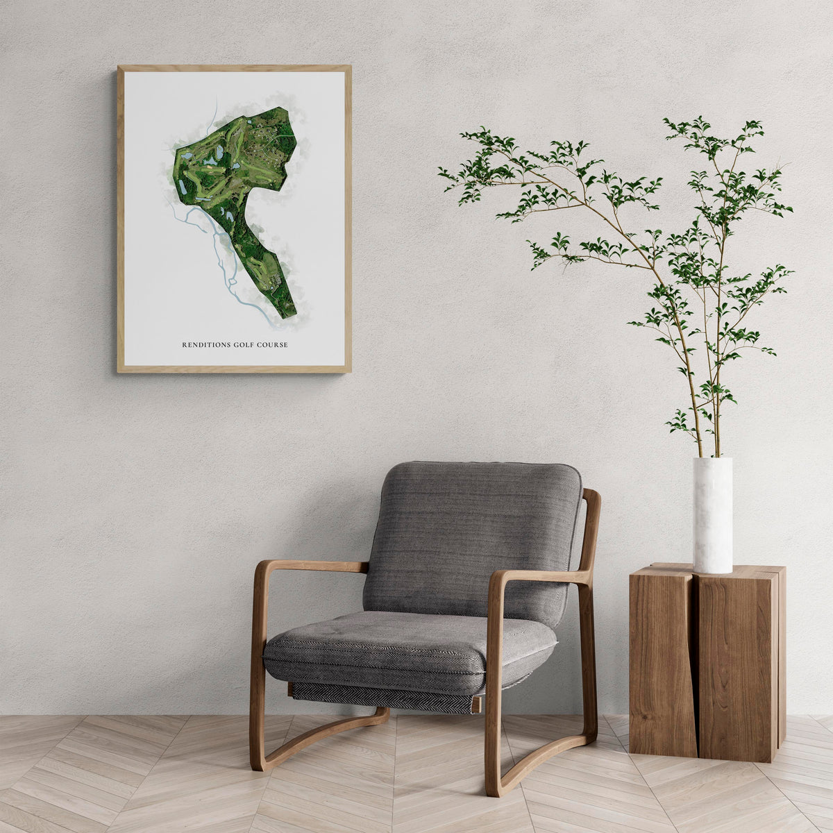Classic Map of Renditions Golf Course with a comfy armchair and large plant
