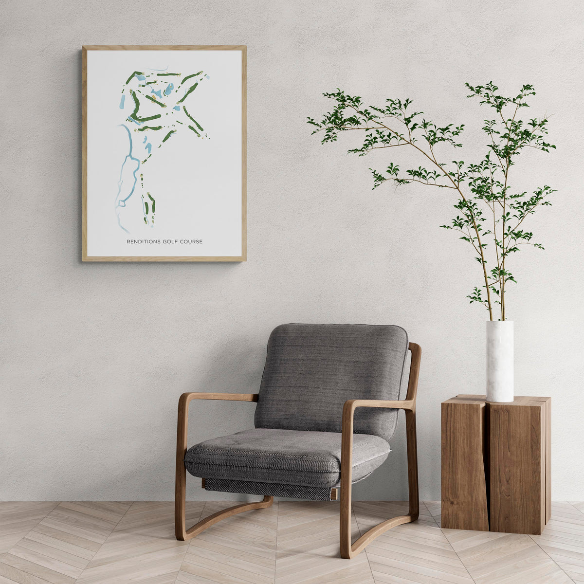Modern Map of Renditions Golf Course with a comfy armchair and large plant