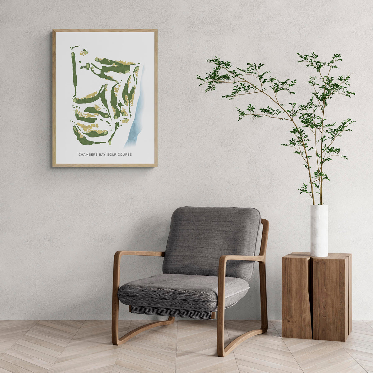 Modern Map of Chambers Bay Golf Course with a comfy armchair and large plant