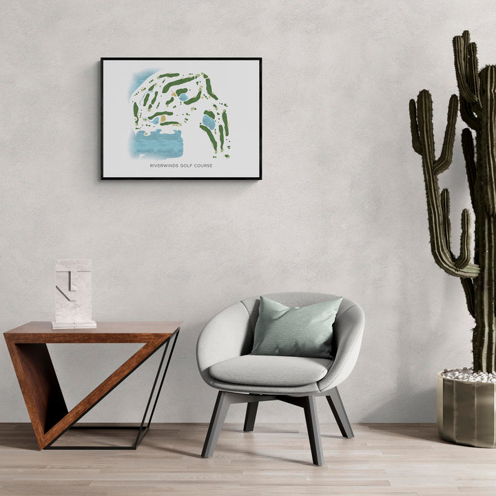 Modern Map of Riverwinds Golf Course in a living room with large cactus plant