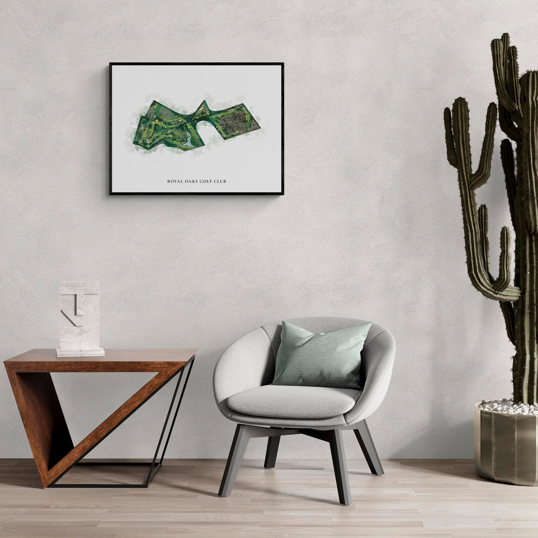 Classic Map of Royal Oaks Golf Club in a living room with large cactus plant