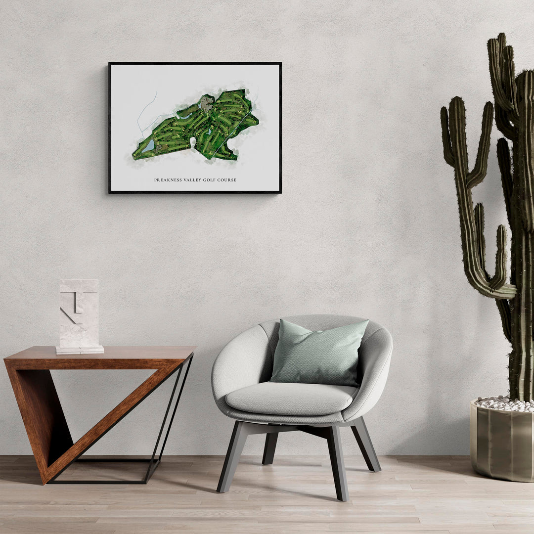 Classic Map of Preakness Valley Golf Course in a living room with large cactus plant