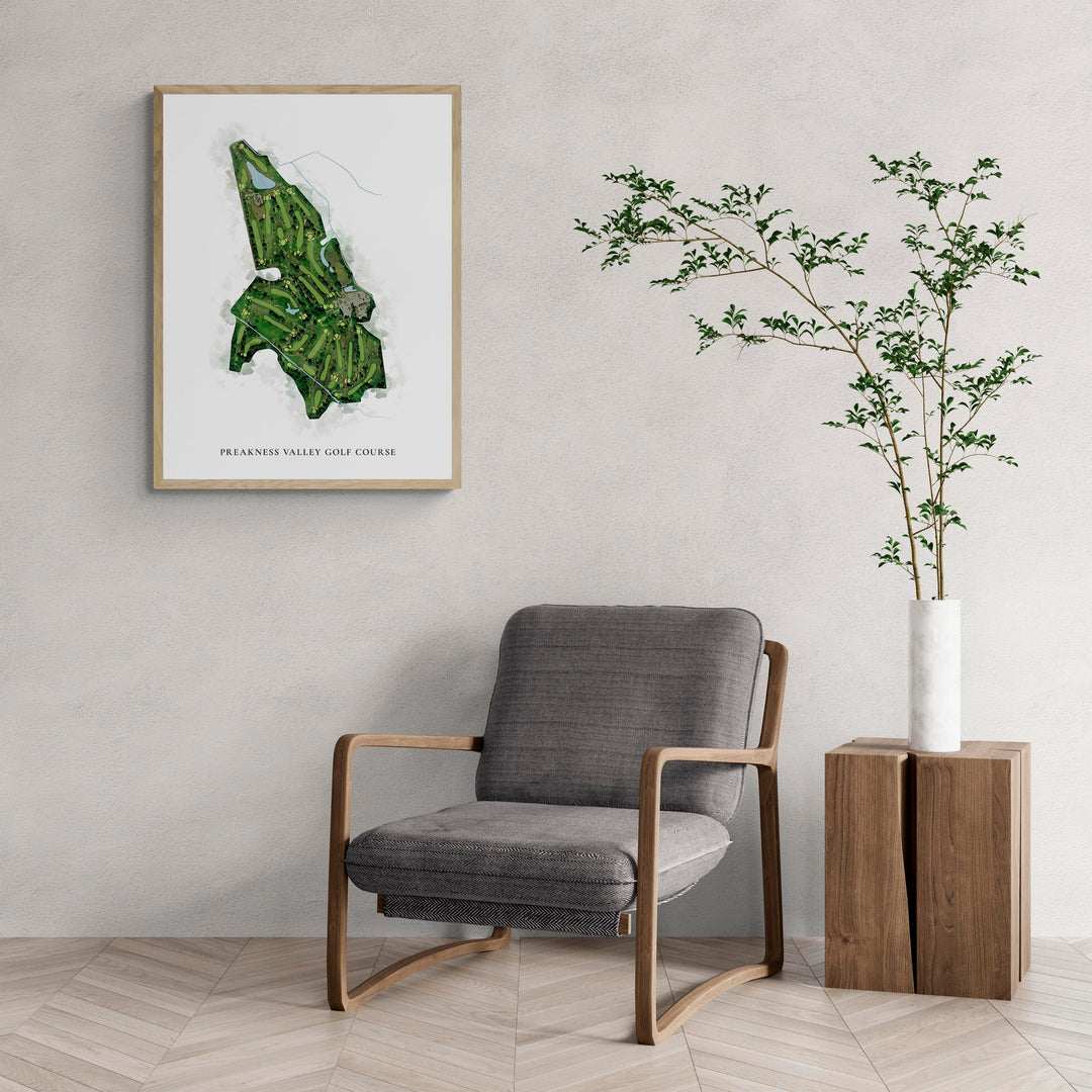 Classic Map of Preakness Valley Golf Course with a comfy armchair and large plant