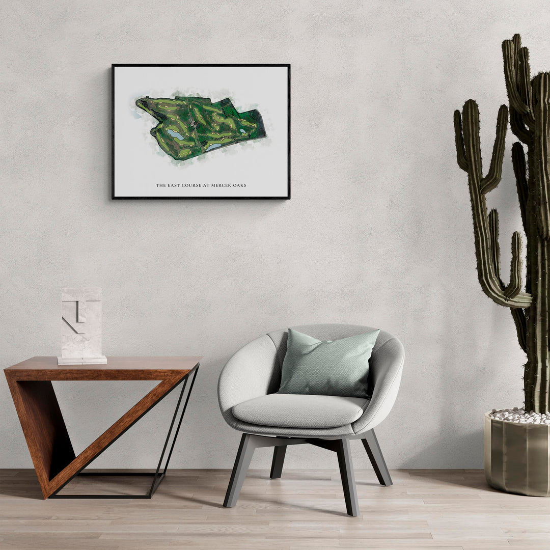 Classic Map of The East Course At Mercer Oaks in a living room with large cactus plant