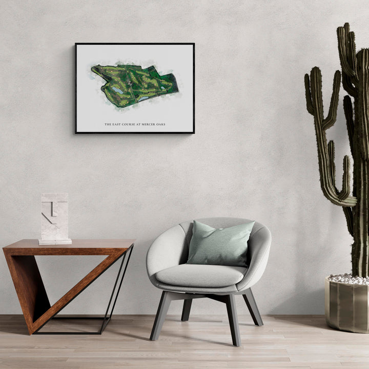 Classic Map of The East Course At Mercer Oaks in a living room with large cactus plant