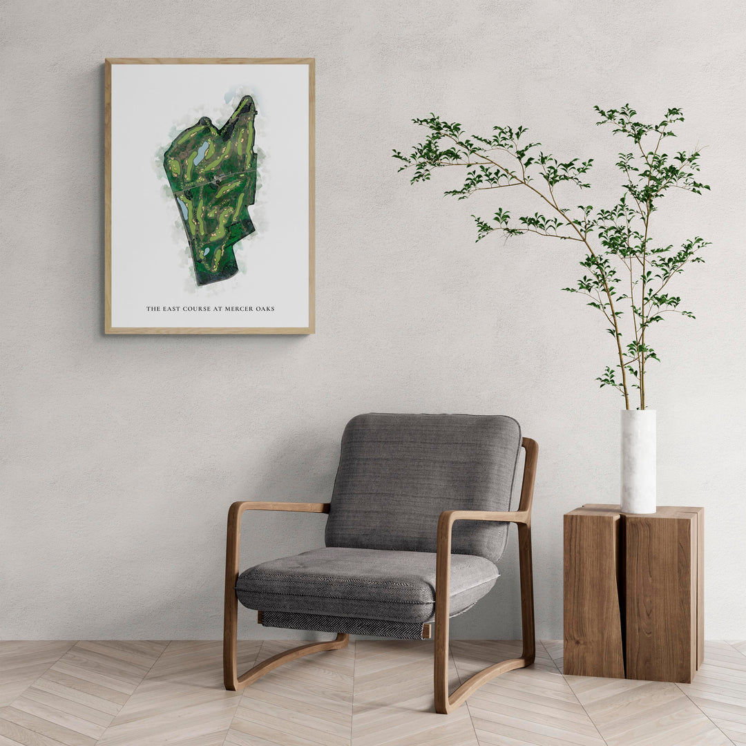 Classic Map of The East Course At Mercer Oaks with a comfy armchair and large plant