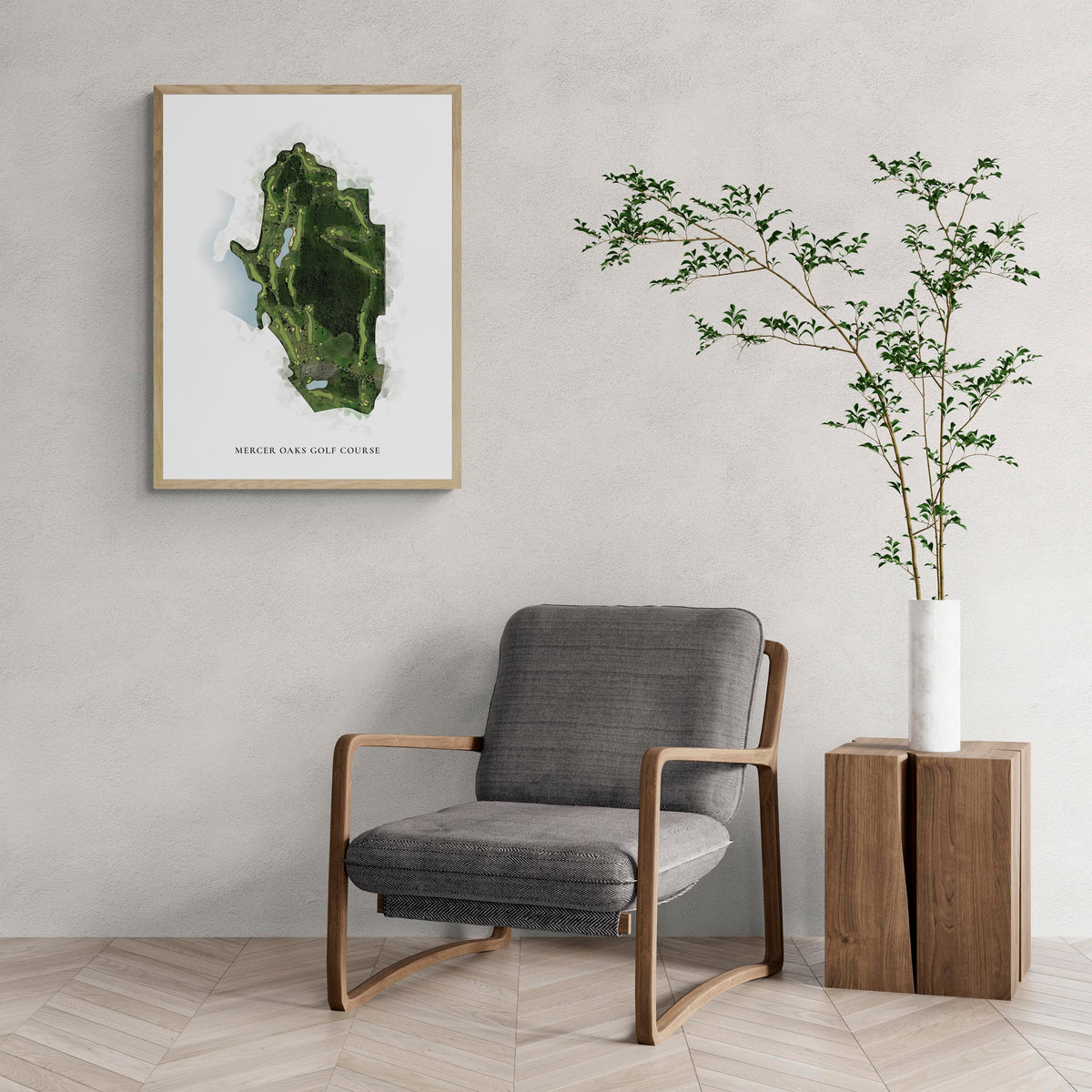 Classic Map of Mercer Oaks Golf Course with a comfy armchair and large plant