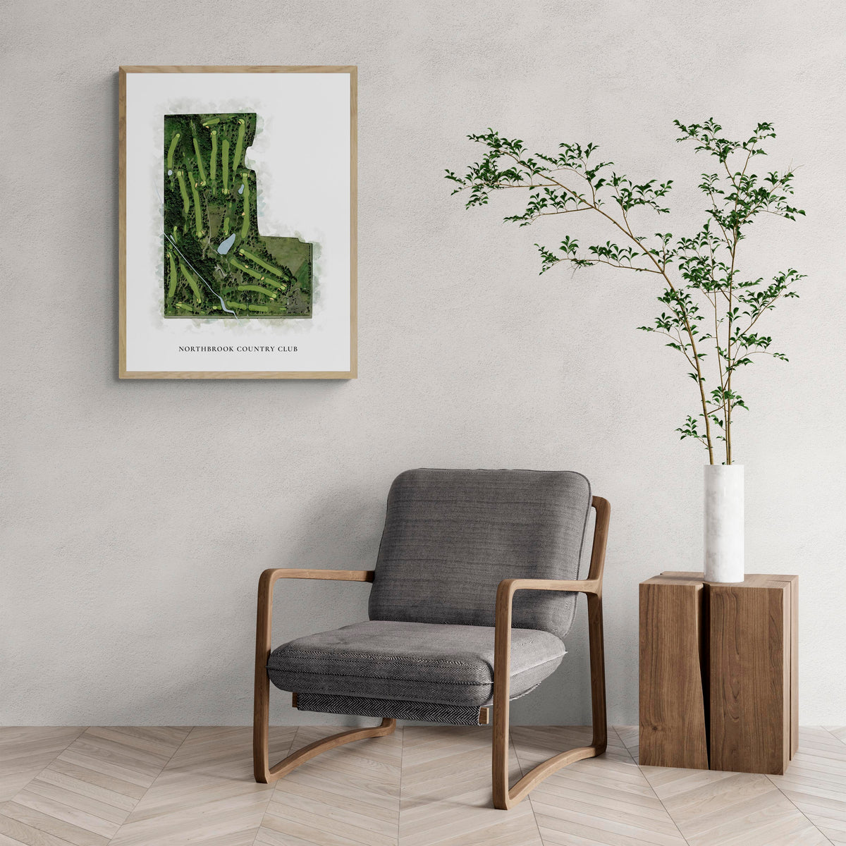 Classic Map of Northbrook Country Club with a comfy armchair and large plant