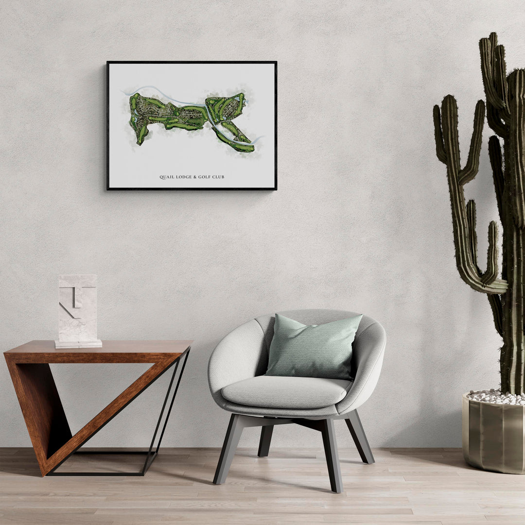 Classic Map of Quail Lodge & Golf Club in a living room with large cactus plant
