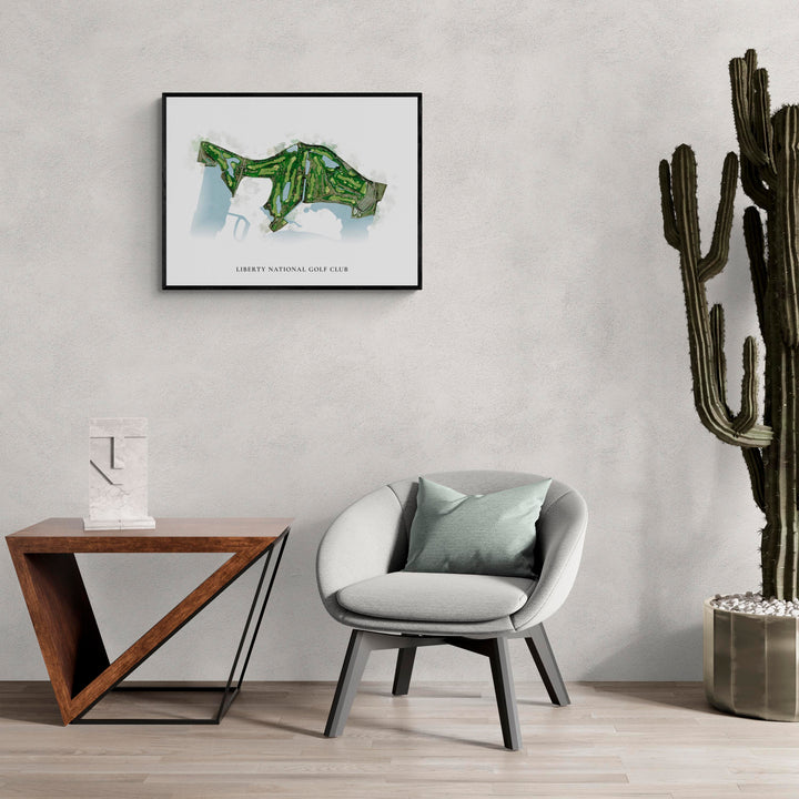 Classic Map of Liberty National Golf Club in a living room with large cactus plant