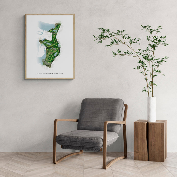 Classic Map of Liberty National Golf Club with a comfy armchair and large plant
