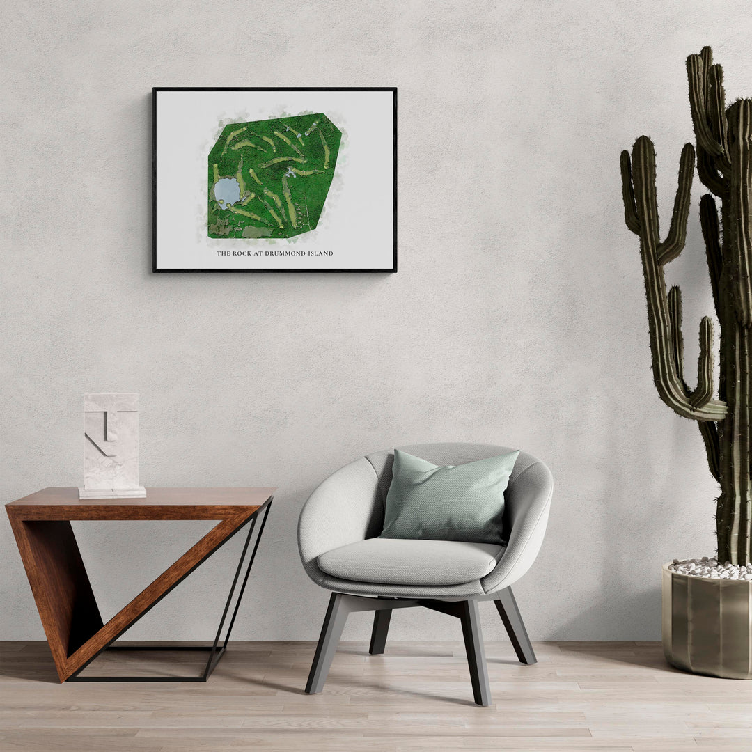 Classic Map of The Rock At Drummond Island in a living room with large cactus plant