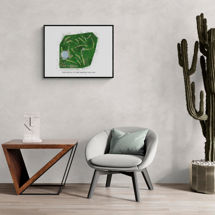 Classic Map of The Rock At Drummond Island in a living room with large cactus plant