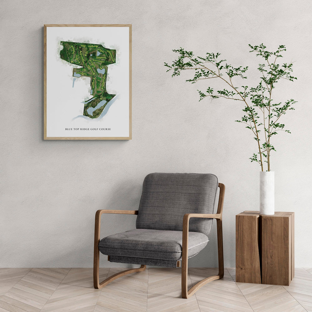 Classic Map of Blue Top Ridge Golf Course with a comfy armchair and large plant