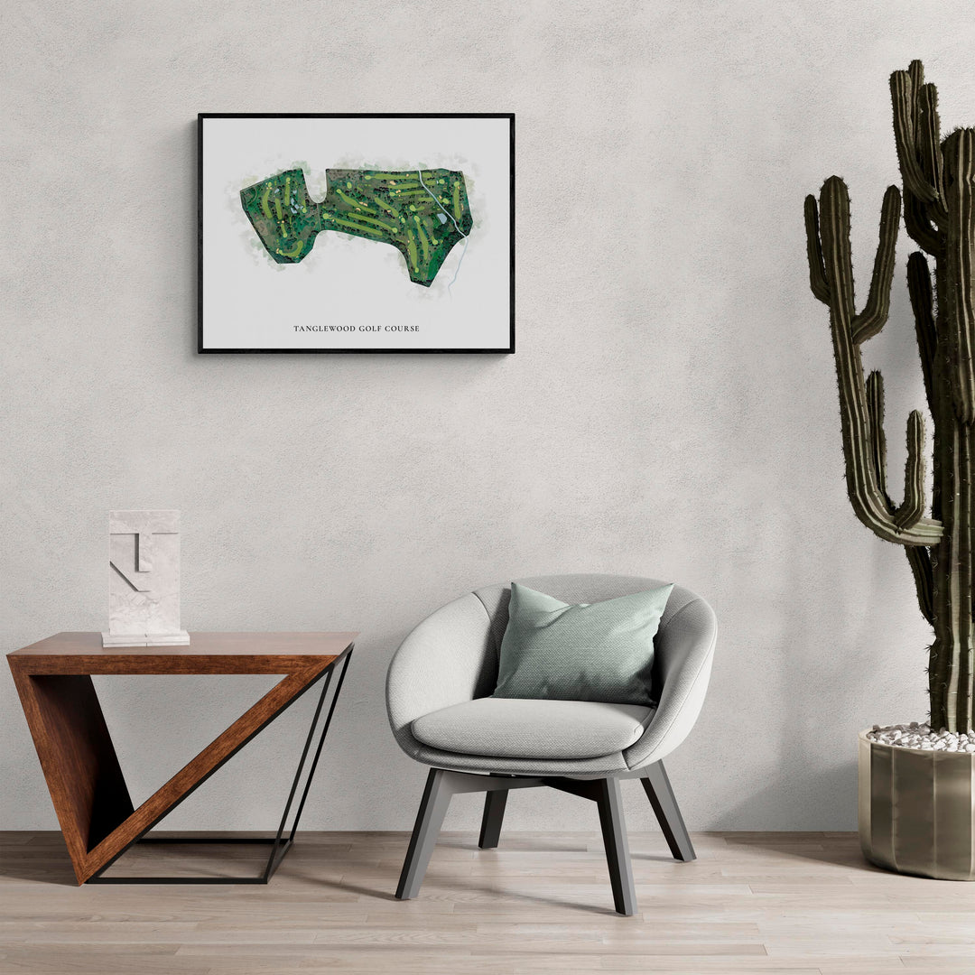 Classic Map of Tanglewood Golf Course in a living room with large cactus plant