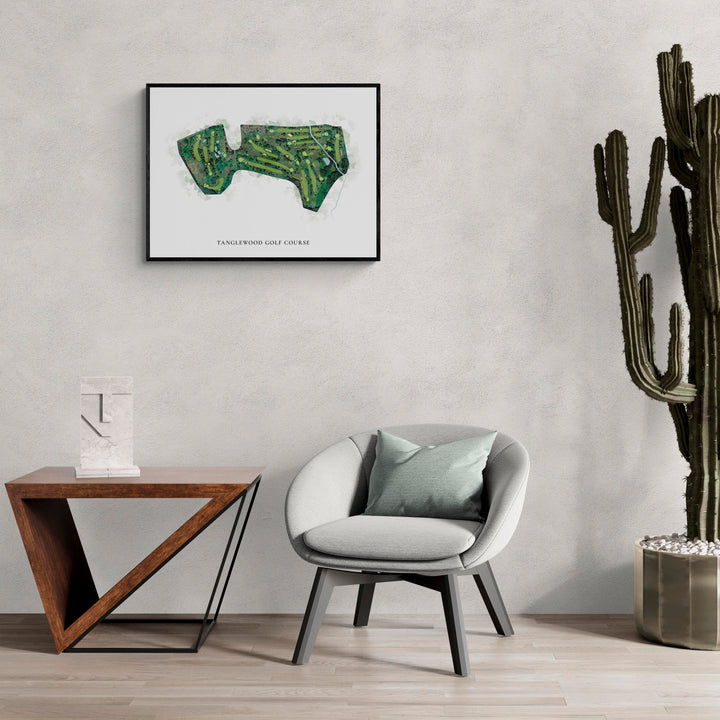 Classic Map of Tanglewood Golf Course in a living room with large cactus plant