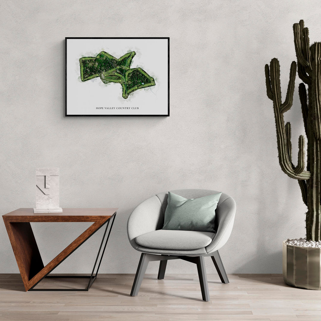 Classic Map of Hope Valley Country Club in a living room with large cactus plant