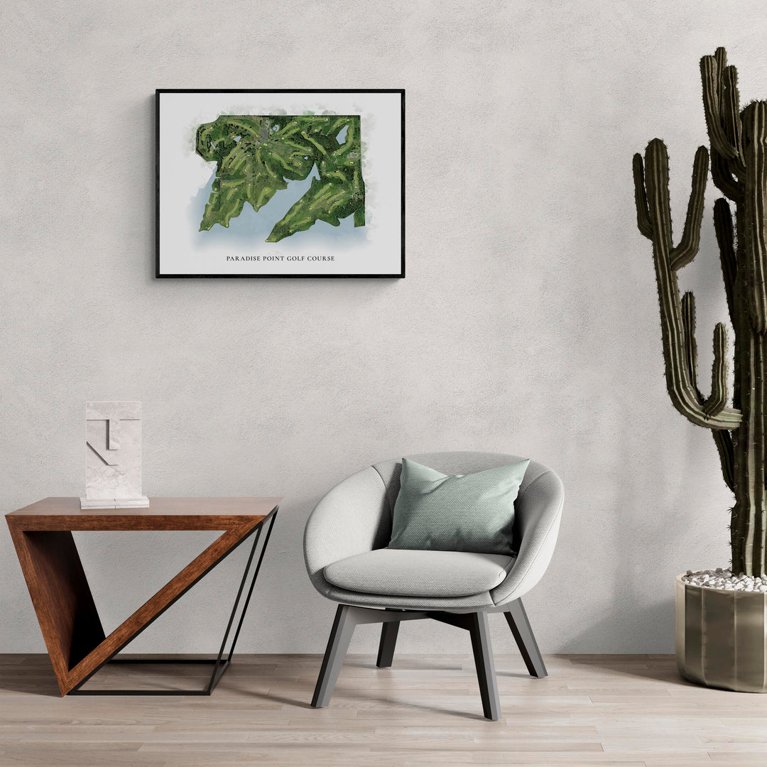 Classic Map of Paradise Point Golf Course in a living room with large cactus plant