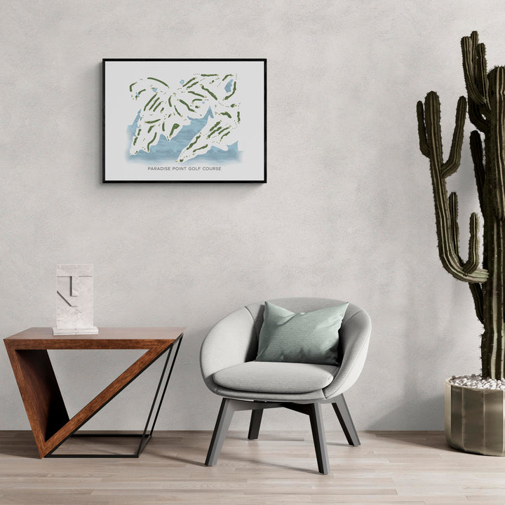 Modern Map of Paradise Point Golf Course in a living room with large cactus plant