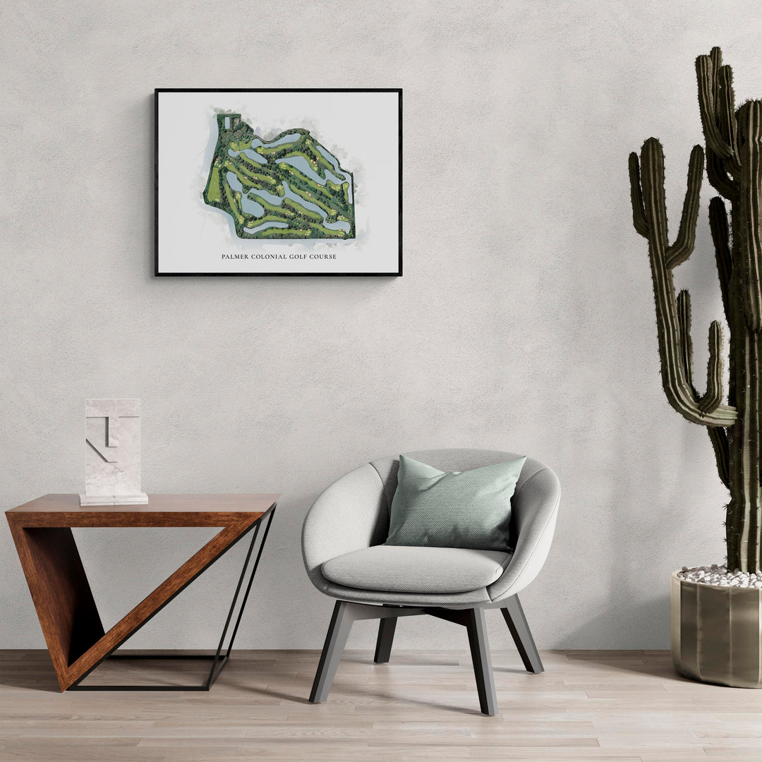 Classic Map of Palmer Colonial Golf Course in a living room with large cactus plant