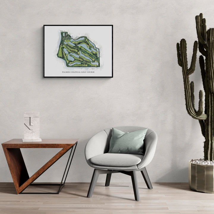 Classic Map of Palmer Colonial Golf Course in a living room with large cactus plant