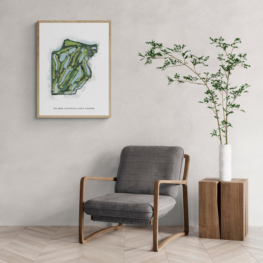 Classic Map of Palmer Colonial Golf Course with a comfy armchair and large plant