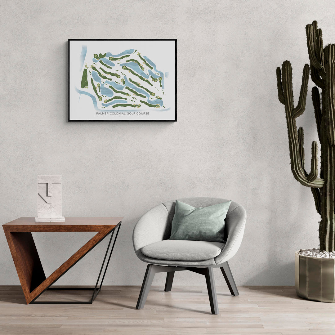 Modern Map of Palmer Colonial Golf Course in a living room with large cactus plant