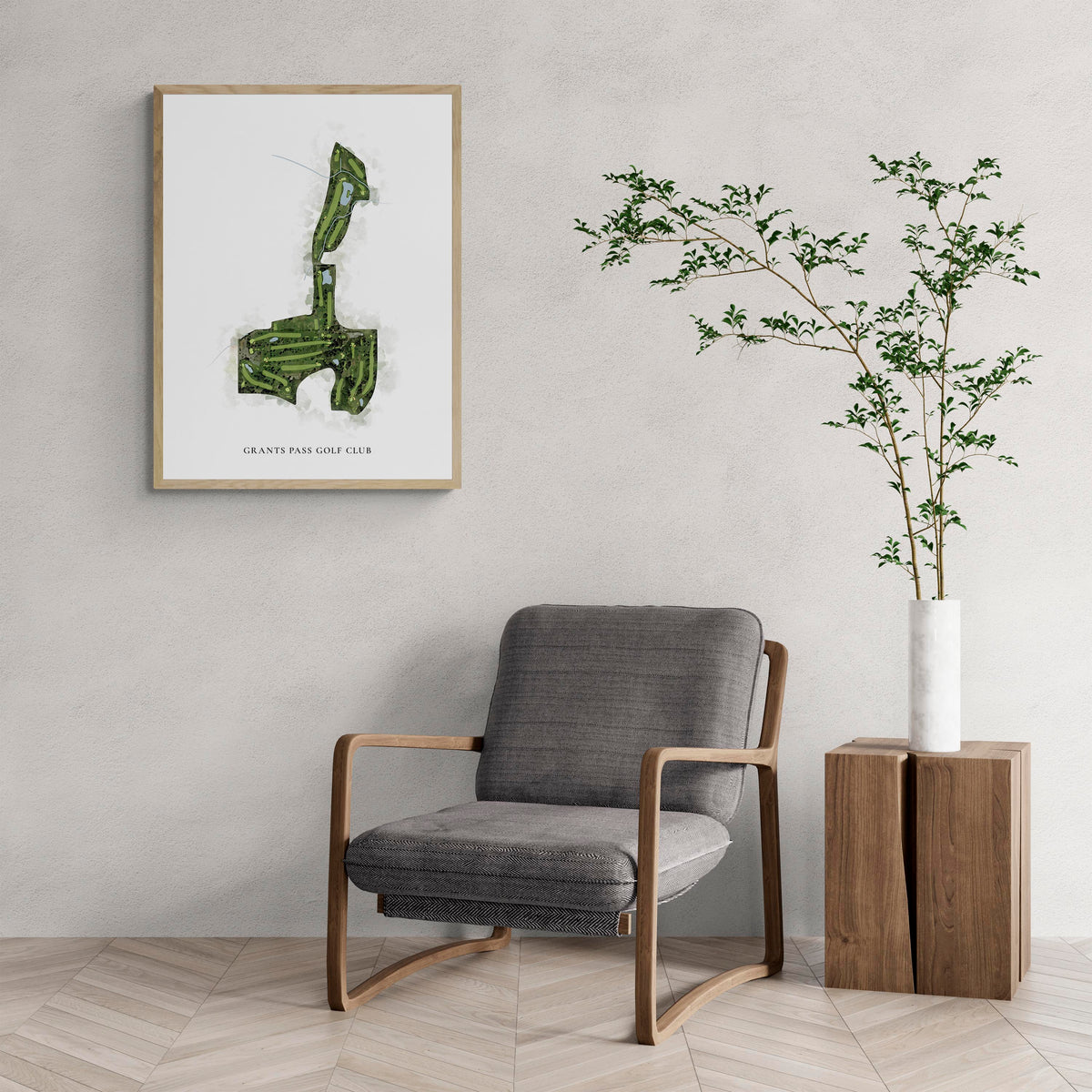 Classic Map of Grants Pass Golf Club with a comfy armchair and large plant