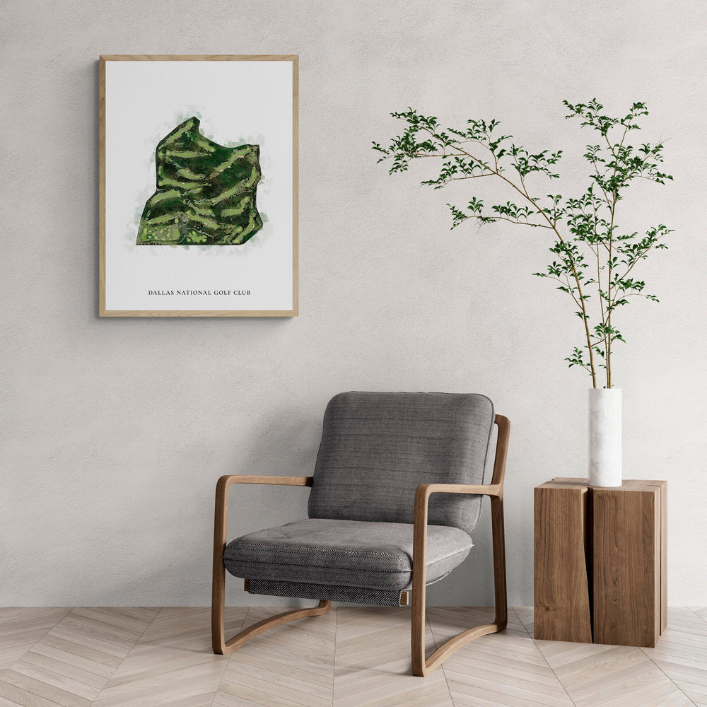 Classic Map of Dallas National Golf Club with a comfy armchair and large plant