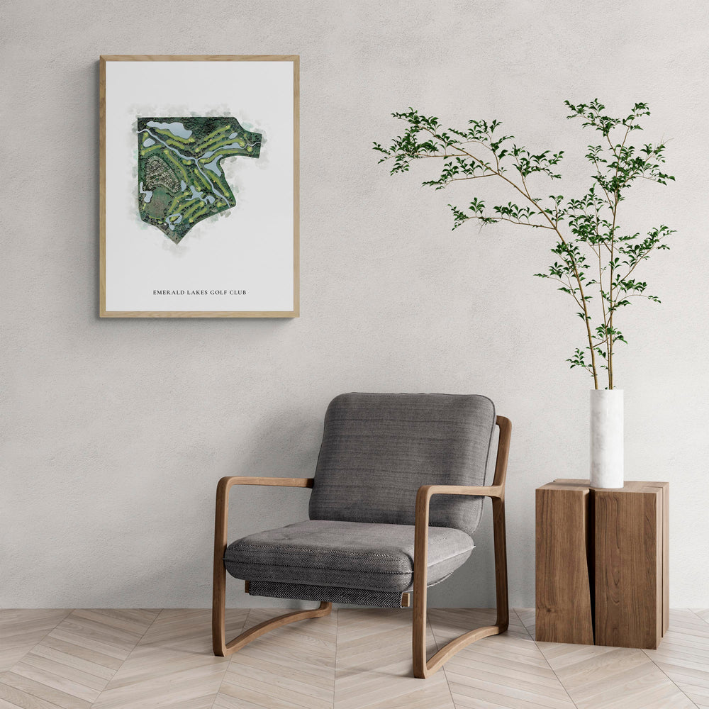 Classic Map of Emerald Lakes Golf Club with a comfy armchair and large plant