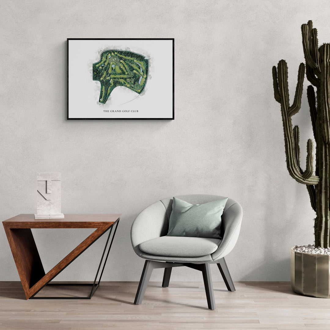 Classic Map of The Grand Golf Club in a living room with large cactus plant