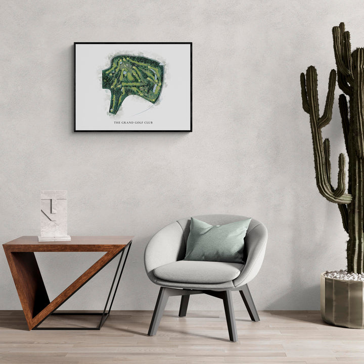 Classic Map of The Grand Golf Club in a living room with large cactus plant