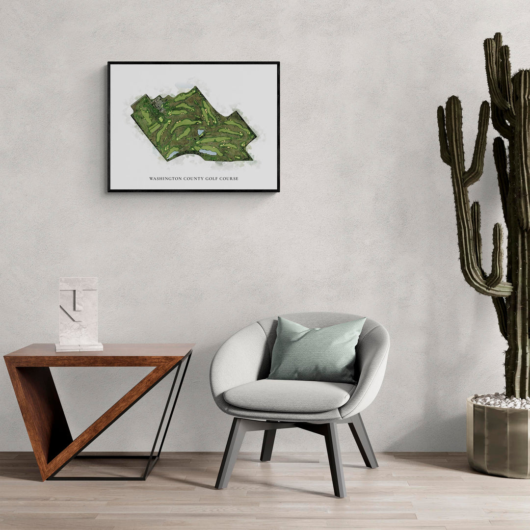Classic Map of Washington County Golf Course in a living room with large cactus plant