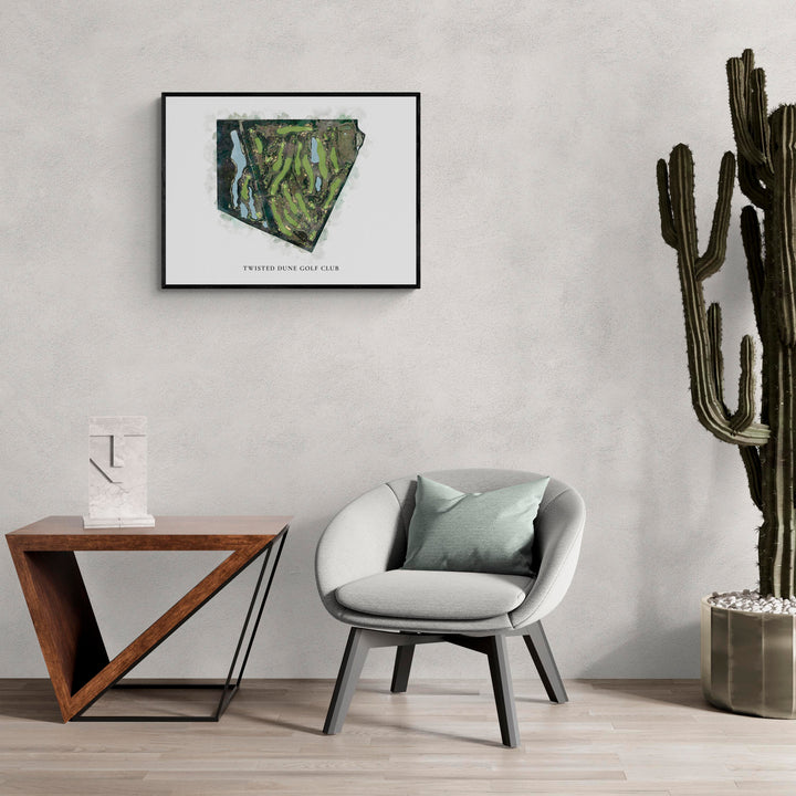 Classic Map of Twisted Dune Golf Club in a living room with large cactus plant