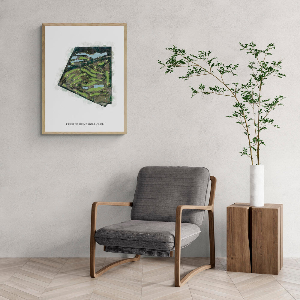 Classic Map of Twisted Dune Golf Club with a comfy armchair and large plant