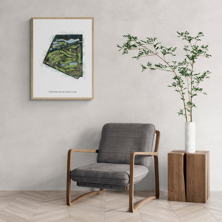 Classic Map of Twisted Dune Golf Club with a comfy armchair and large plant