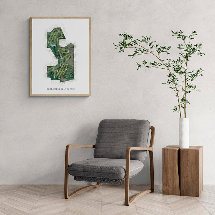 Classic Map of Door Creek Golf Course with a comfy armchair and large plant