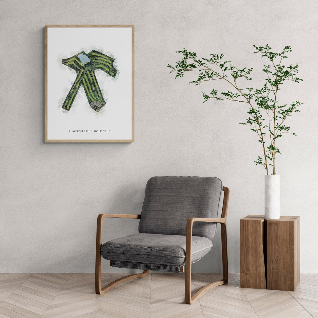 Classic Map of Flagstaff Hill Golf Club with a comfy armchair and large plant