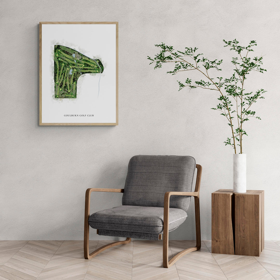 Classic Map of Goulburn Golf Club with a comfy armchair and large plant