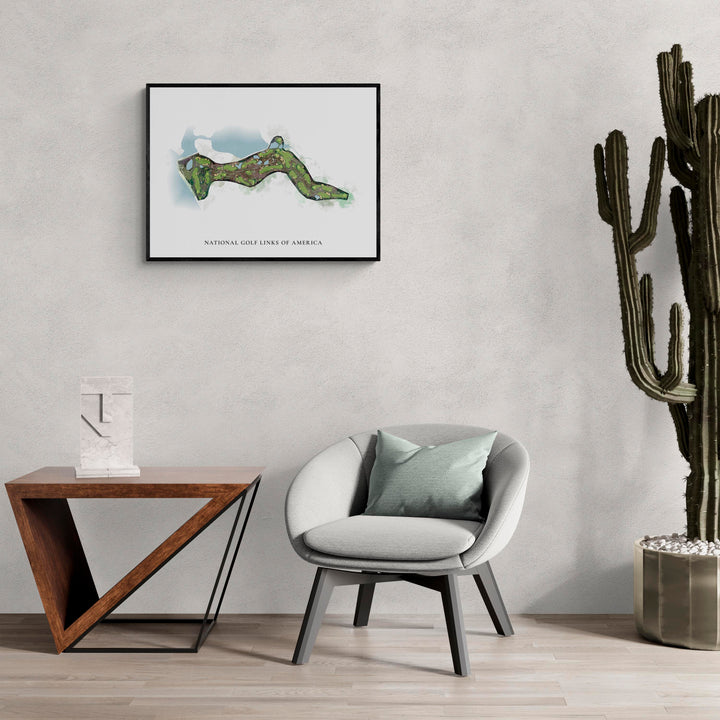 Classic Map of National Golf Links Of America in a living room with large cactus plant
