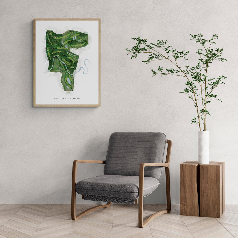 Classic Map of Pohlcat Golf Course with a comfy armchair and large plant